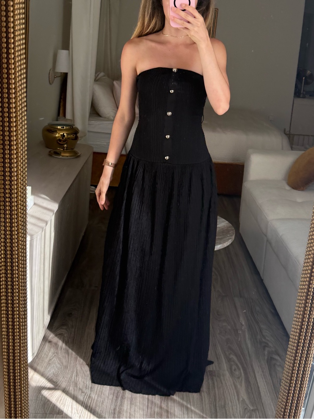 Self-Portrait Black Bandeau Knit Strapless Maxi Dress Gold Buttons Size S - Picture 6 of 16